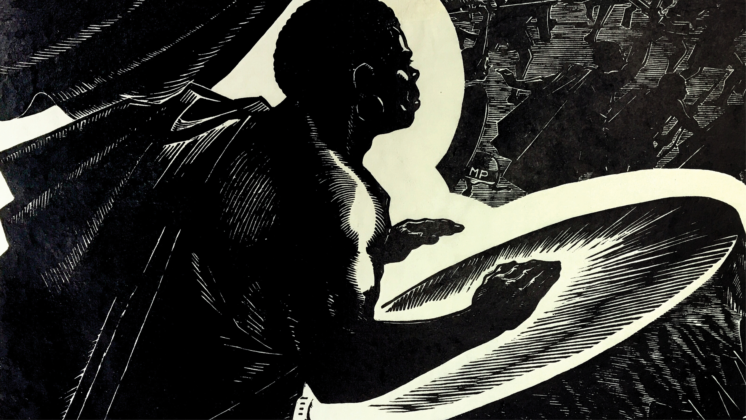 monochrome woodblock print shows man in profile with very large drum, with soldiers in the background.