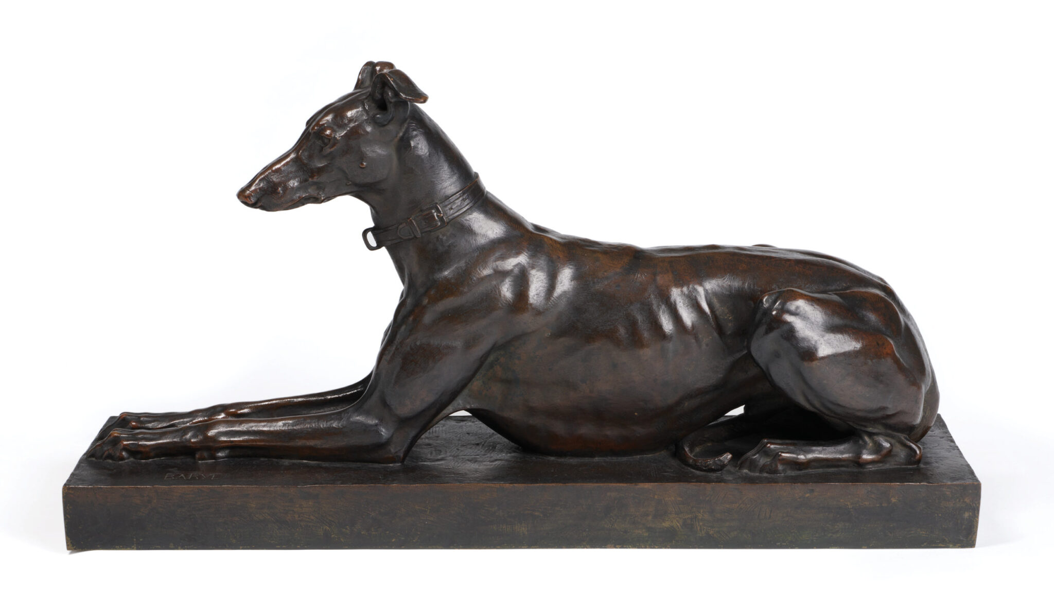 Bronze sculpture of a sitting greyhound, wearing a collar. Carved signature on the base reads BARYE