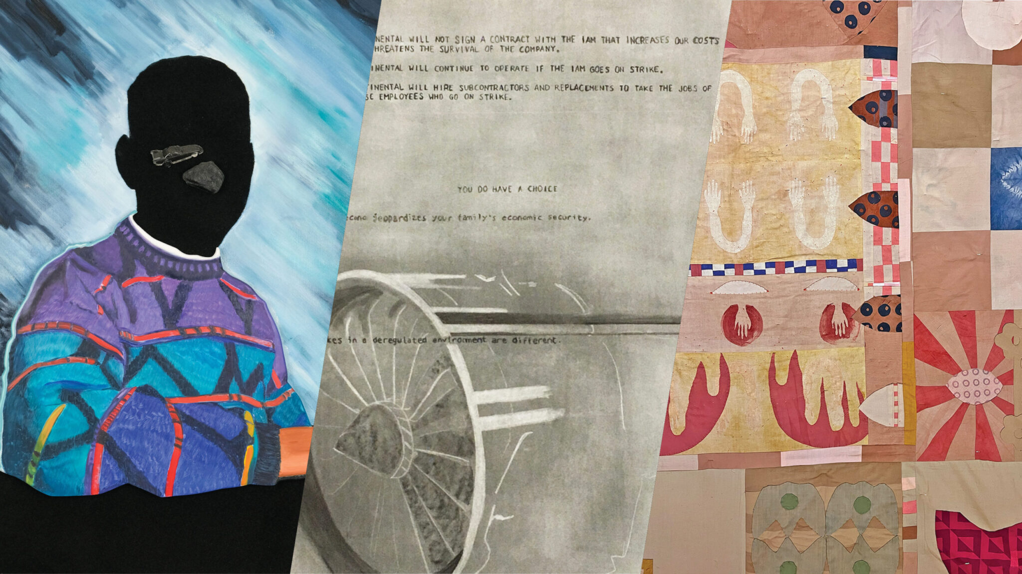 Triptych of detail images from the artists' work.