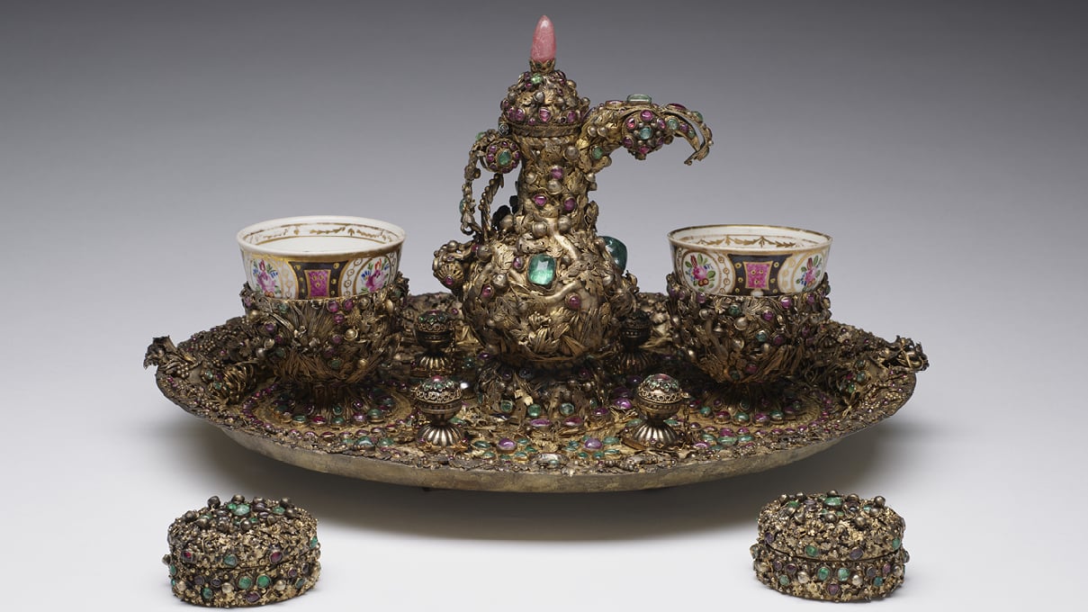 Jeweled coffee set, Turkey, 19th century. Metal with porcelain and jewels. Acquired by Henry Walters.