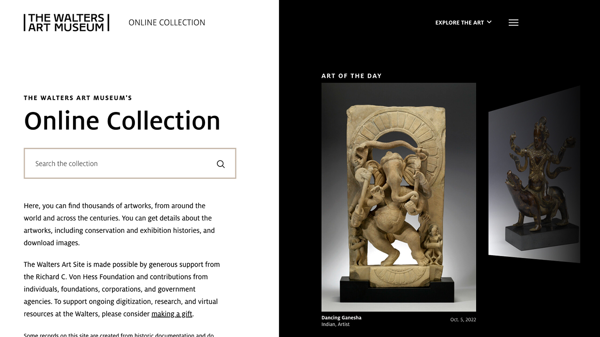 screenshot of the new walters collection website