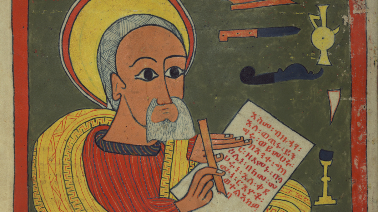 a scribe, drawn in bright colors, shown with tools of the trade
