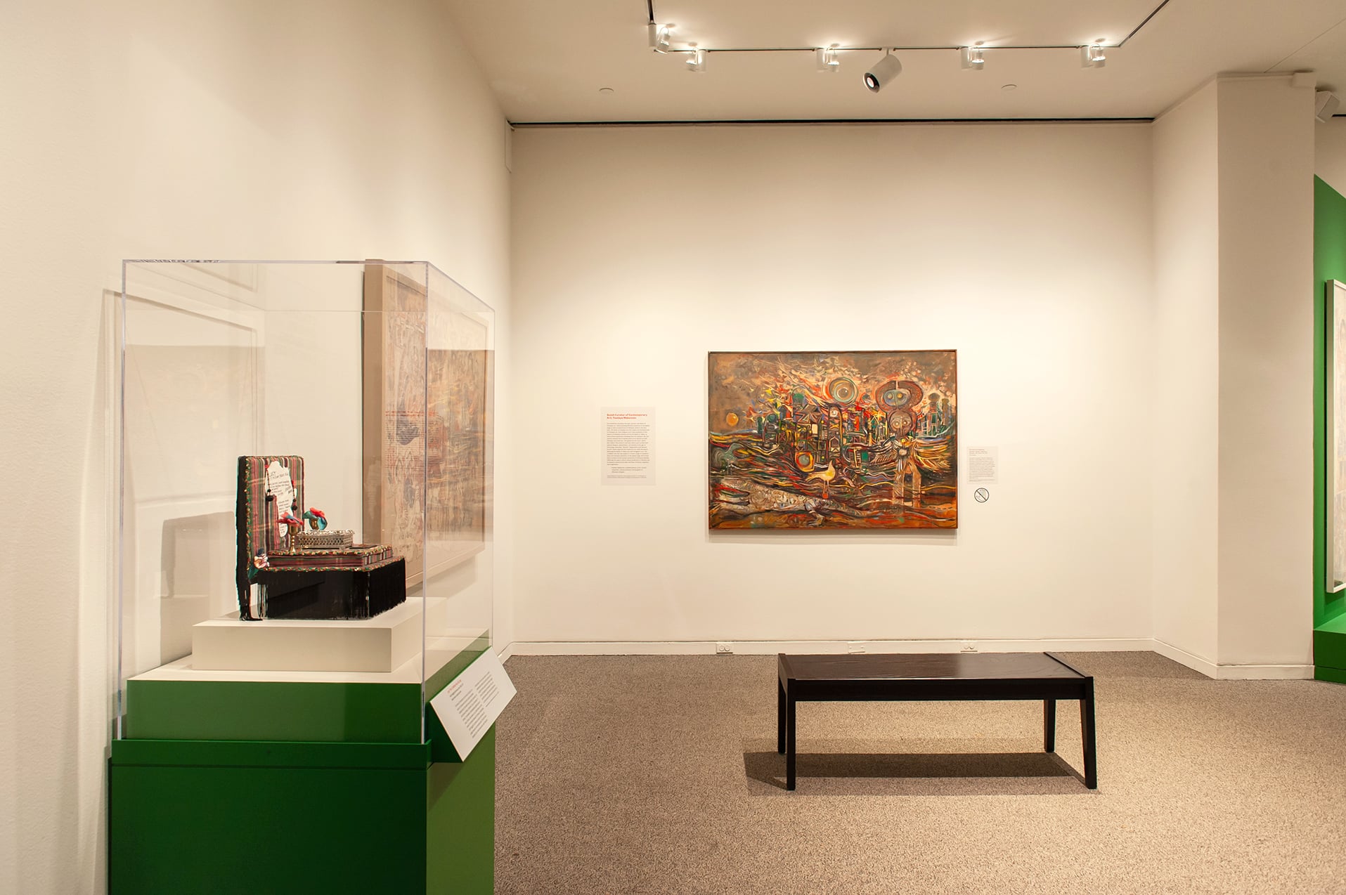 An in-gallery view of art objects in Ethiopia at the Crossroads