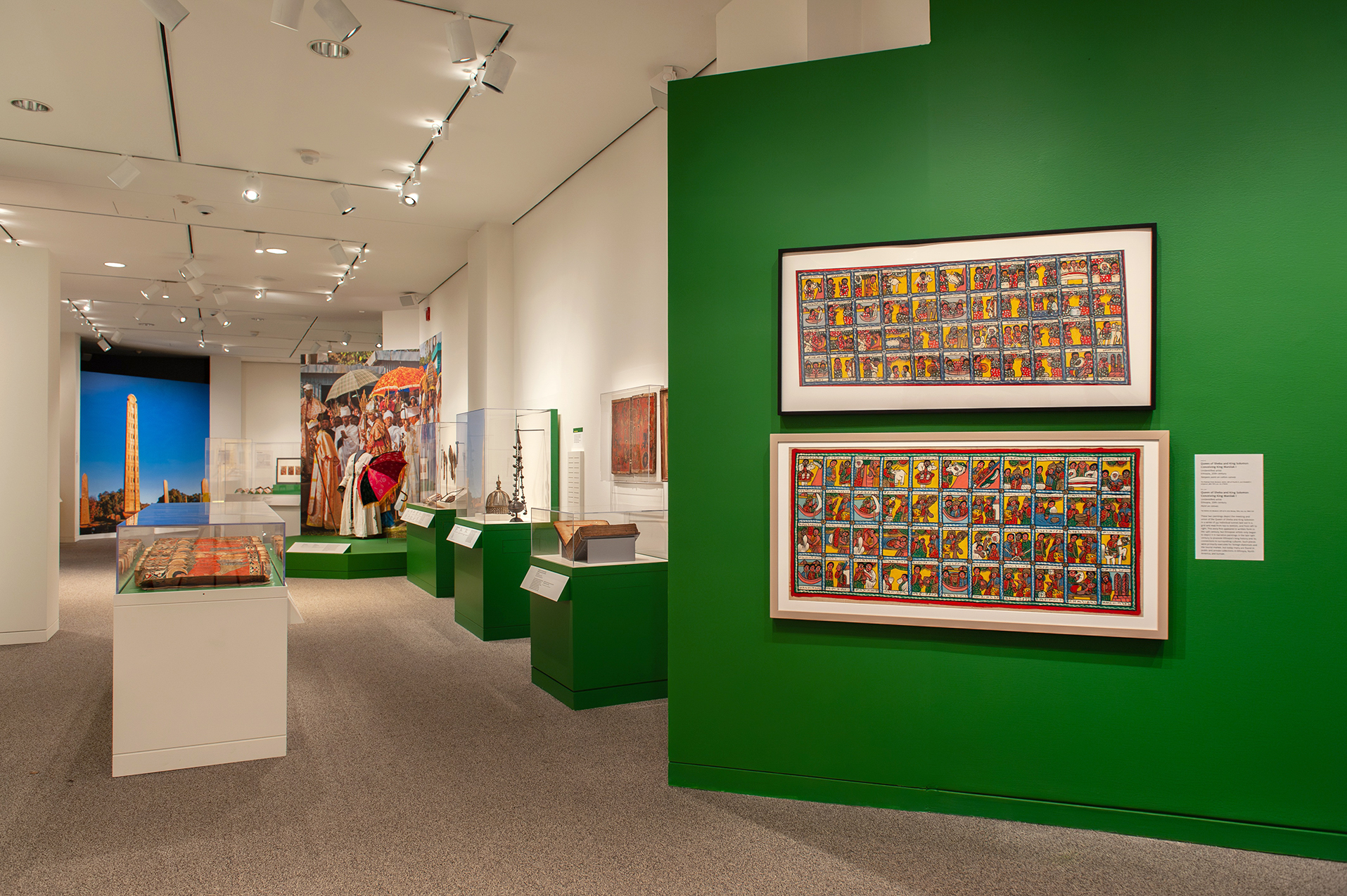 An in-gallery view of art objects in Ethiopia at the Crossroads