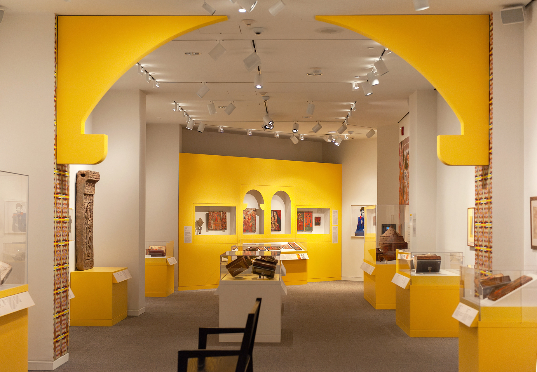 An in-gallery view of art objects in Ethiopia at the Crossroads