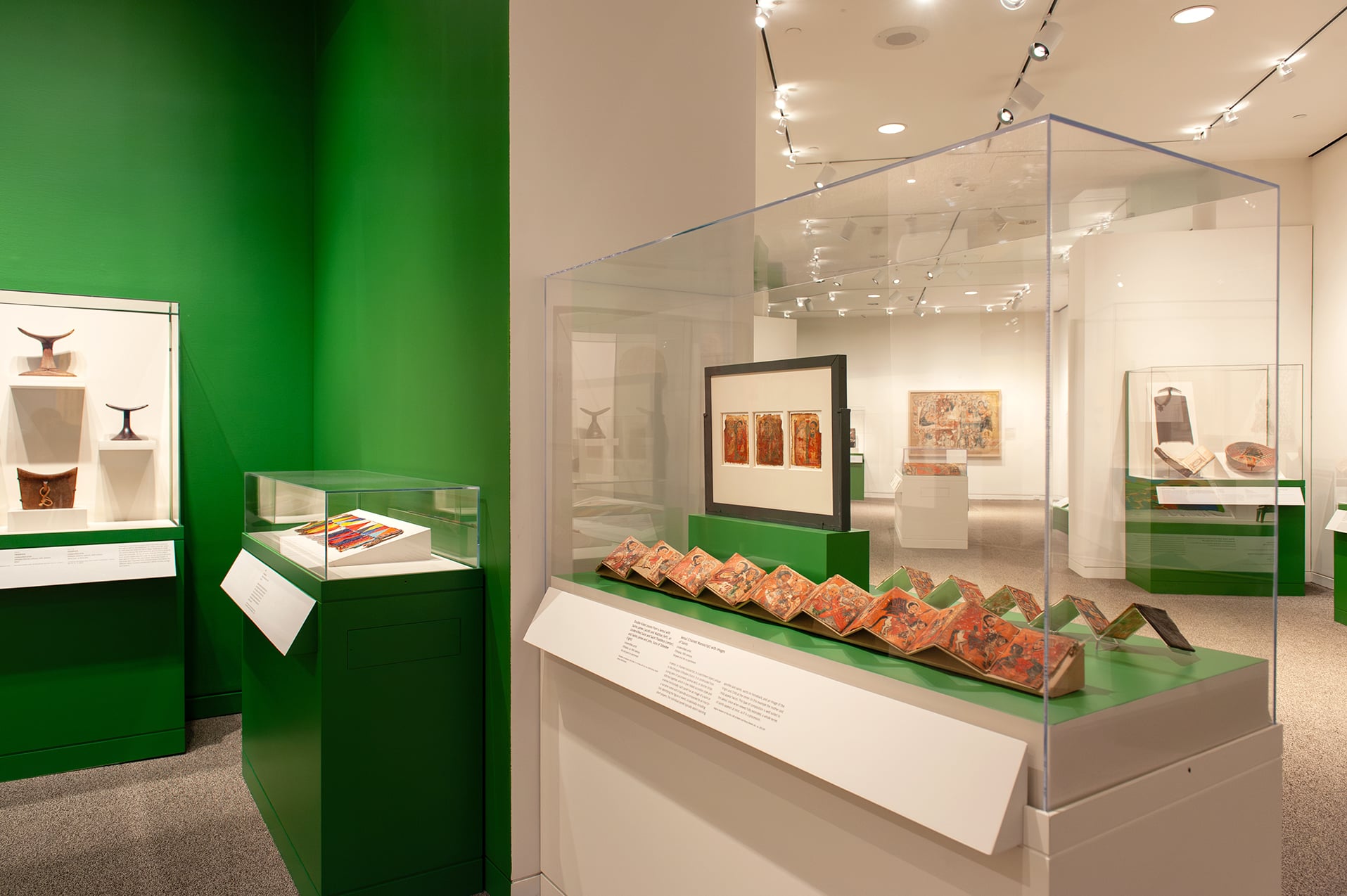 An in-gallery view of art objects in Ethiopia at the Crossroads
