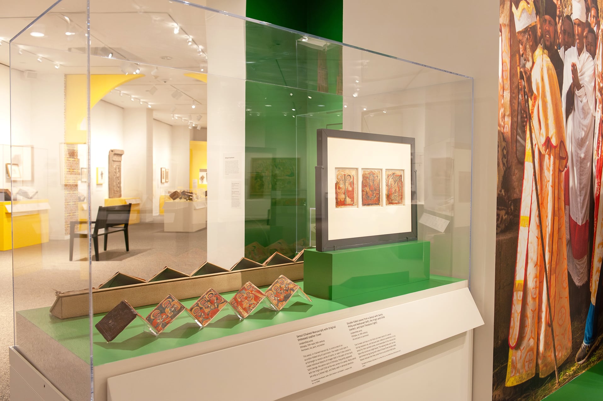 An in-gallery view of art objects in Ethiopia at the Crossroads