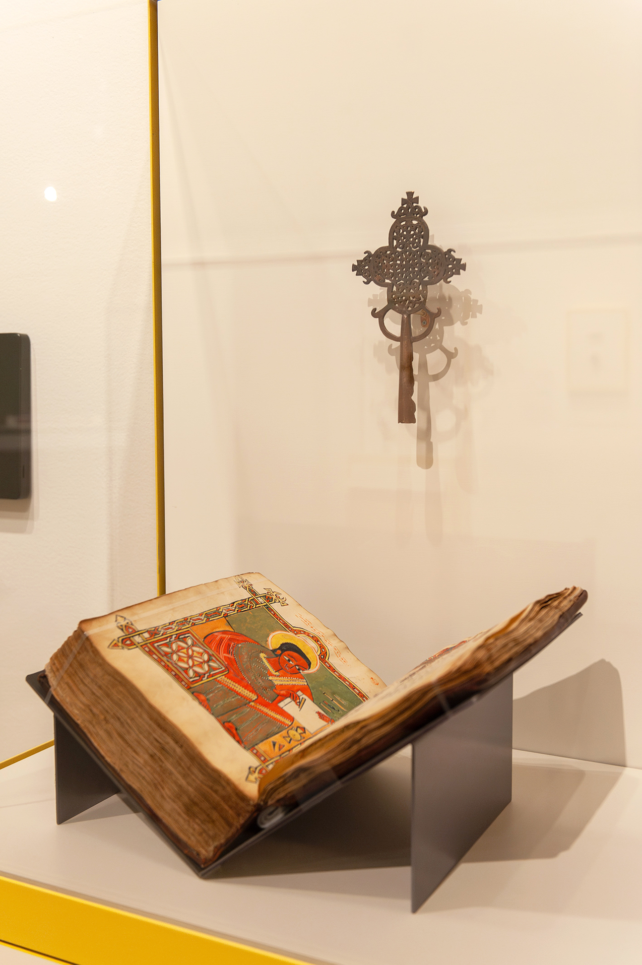 An in-gallery view of art objects in Ethiopia at the Crossroads