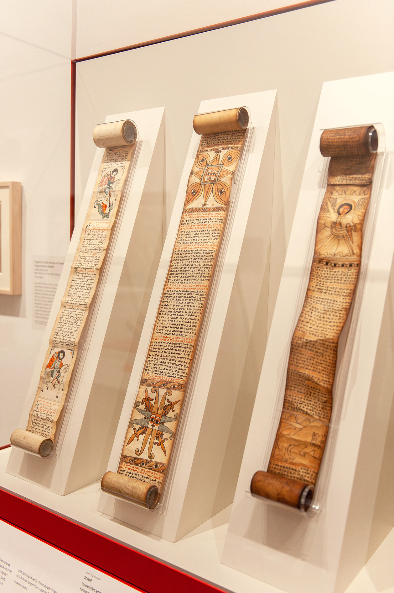 An in-gallery view of art objects in Ethiopia at the Crossroads