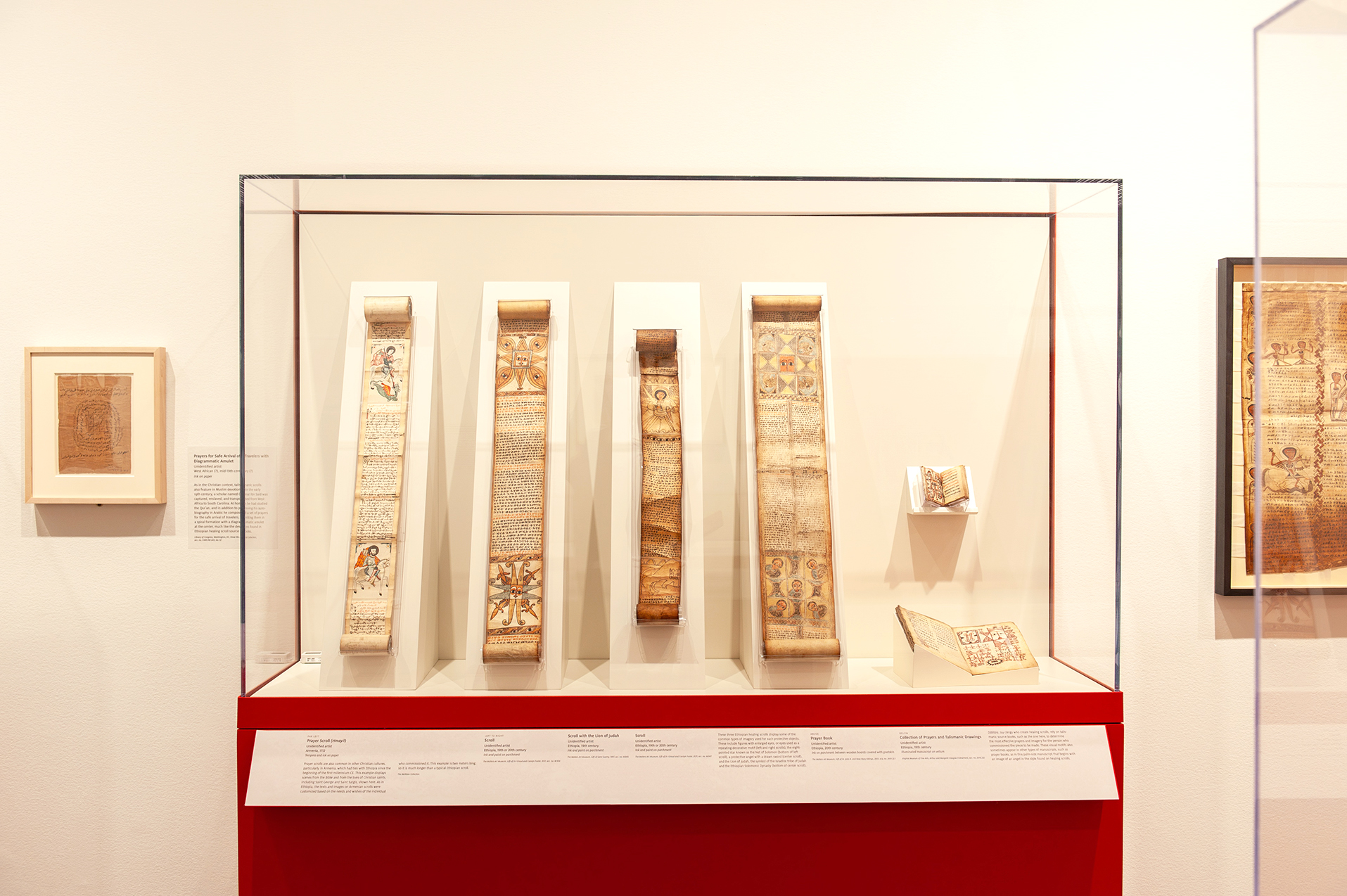 An in-gallery view of art objects in Ethiopia at the Crossroads