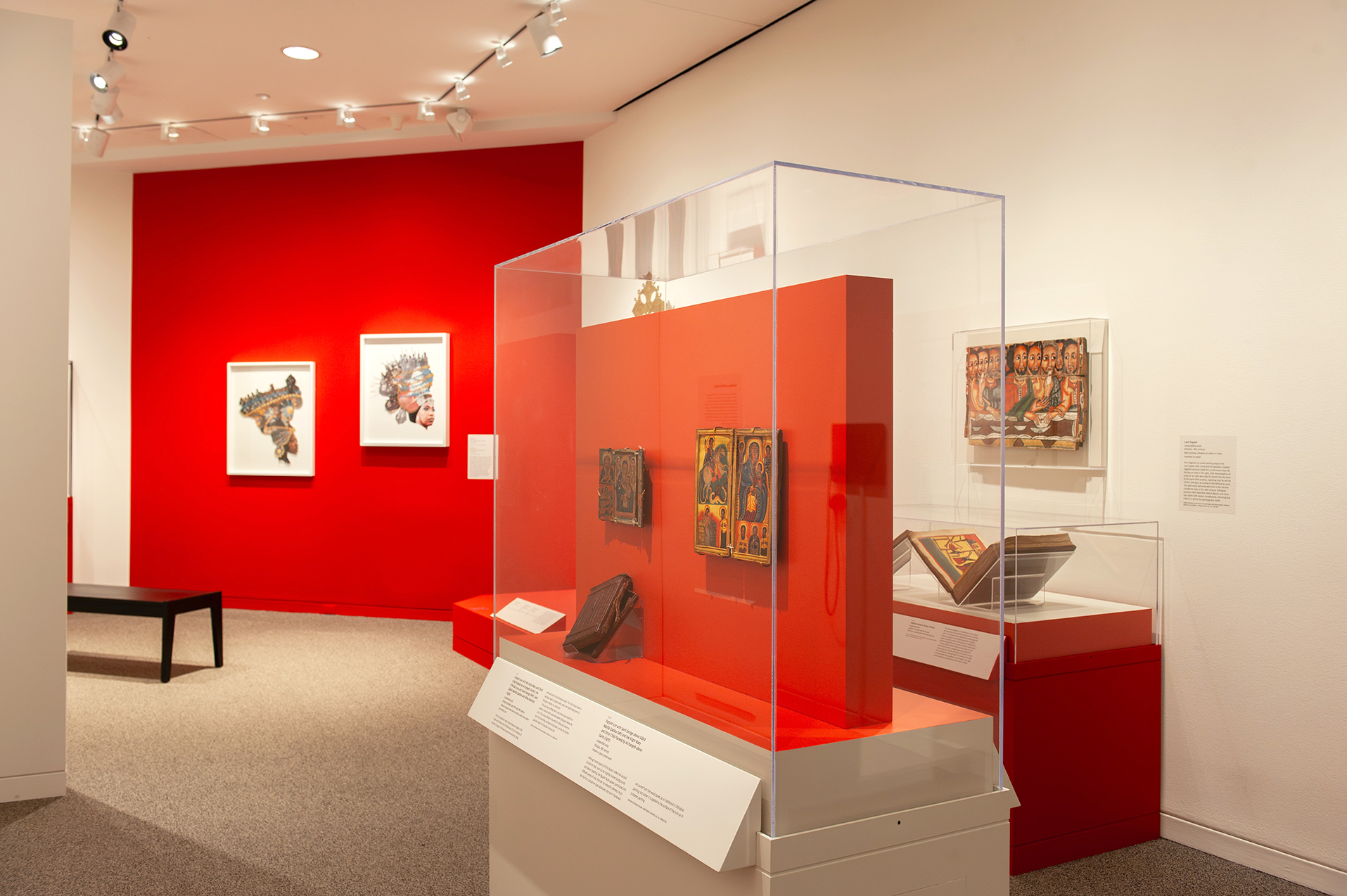 An in-gallery view of art objects in Ethiopia at the Crossroads