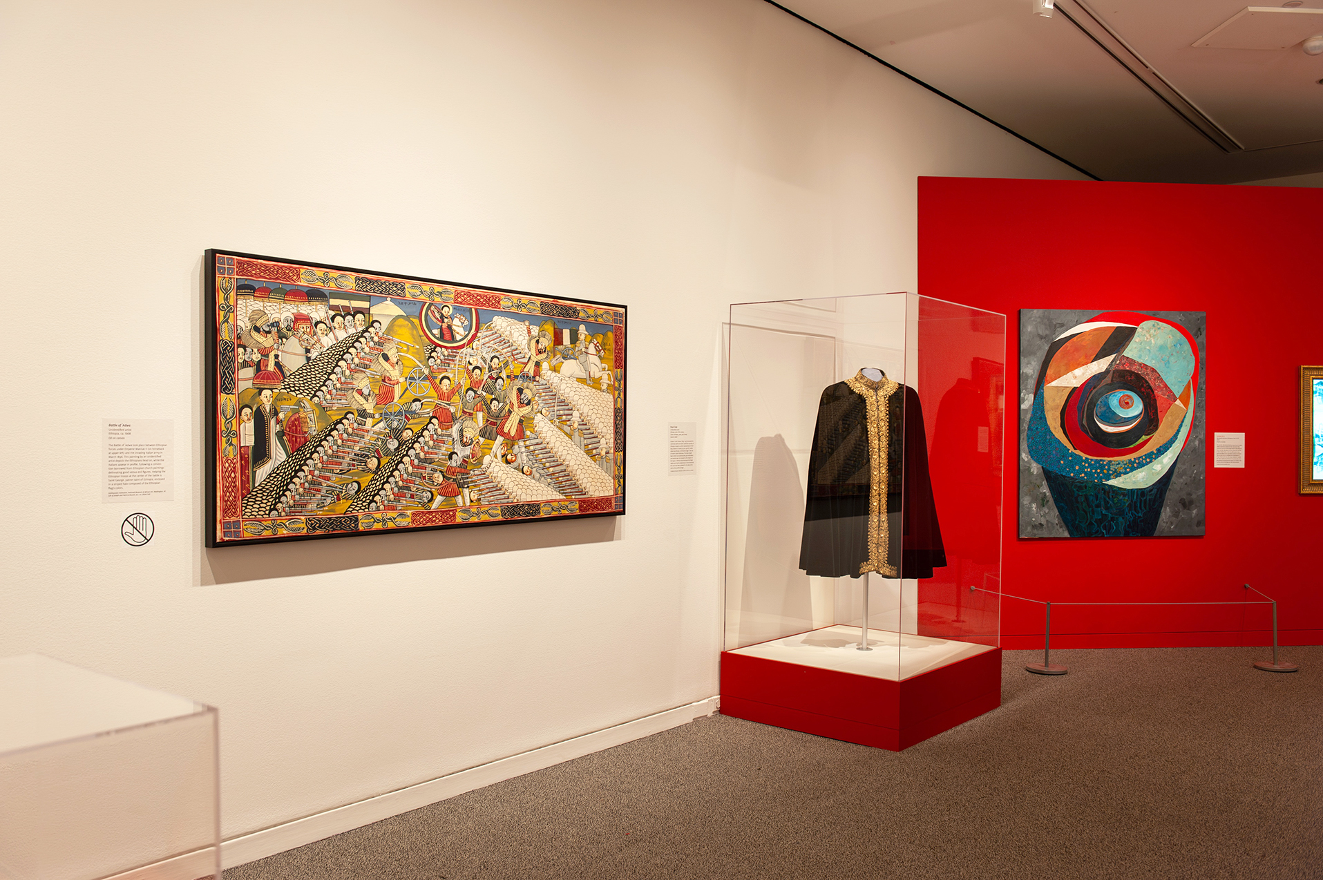 An in-gallery view of art objects in Ethiopia at the Crossroads