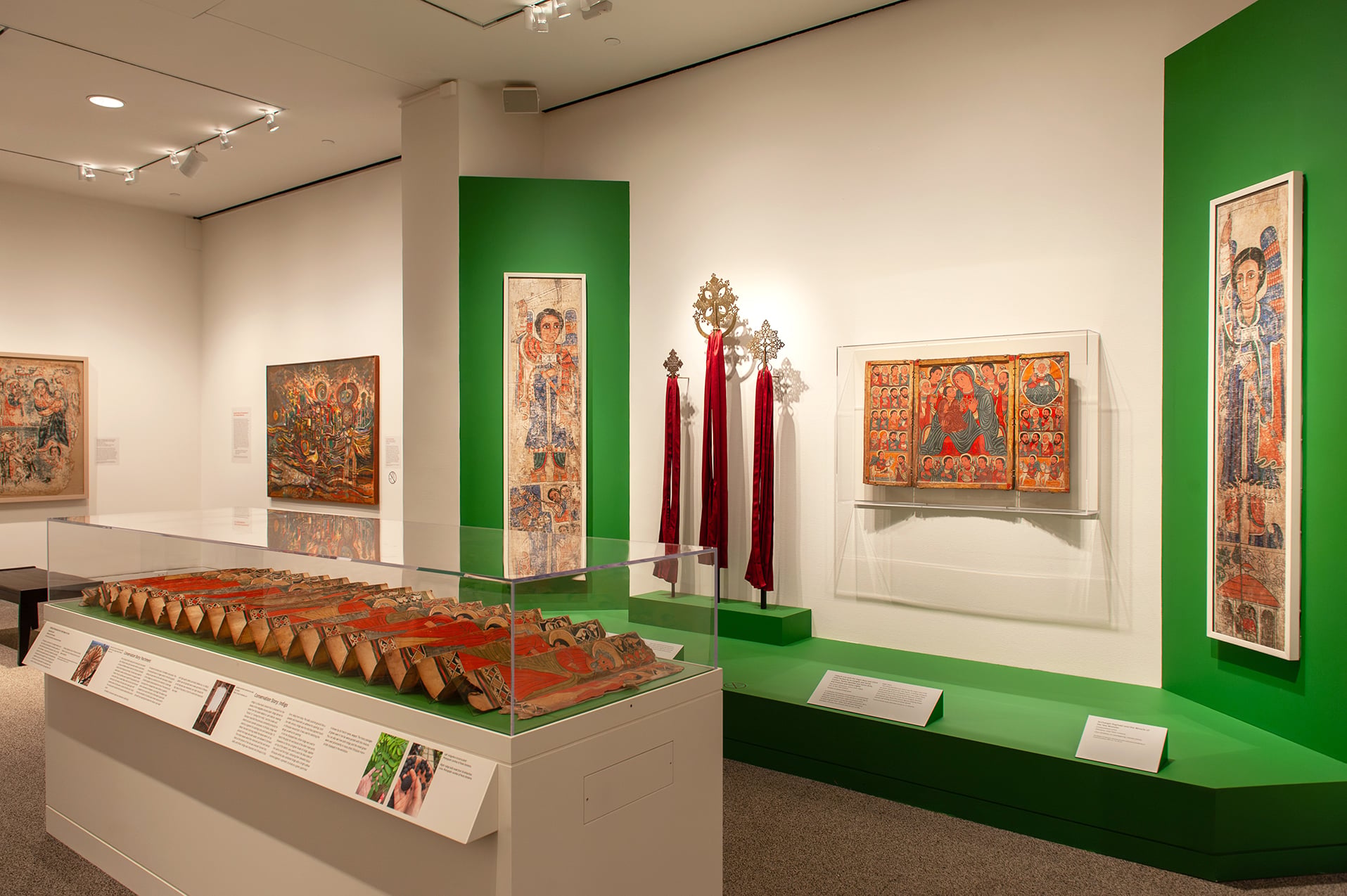 An in-gallery view of art objects in Ethiopia at the Crossroads