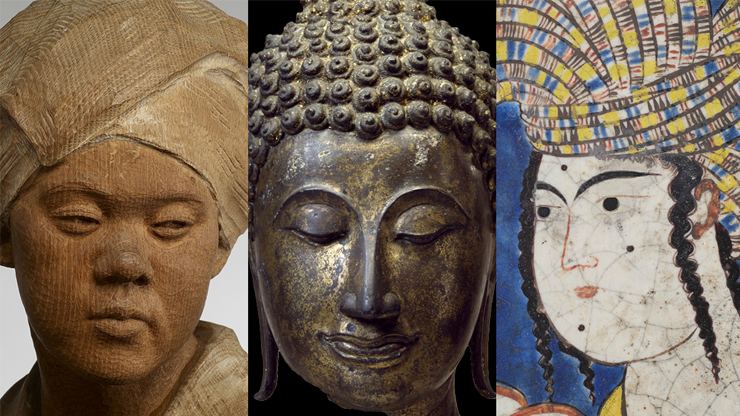 triptych of faces depicted in different artworks from across asia.