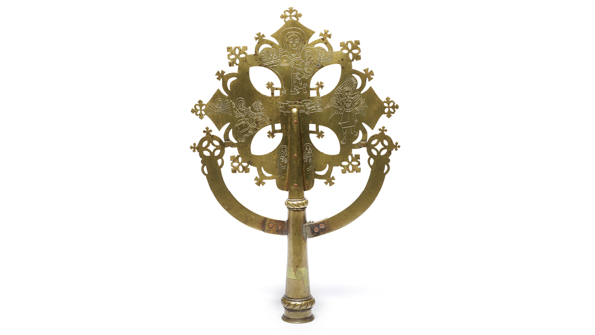 Processional Cross, Ethiopia, Gondar, late 18th century. Museum purchase with funds provided by the W. Alton Jones Foundation Acquisition Fund, 1996 , acc. no. 54.2893