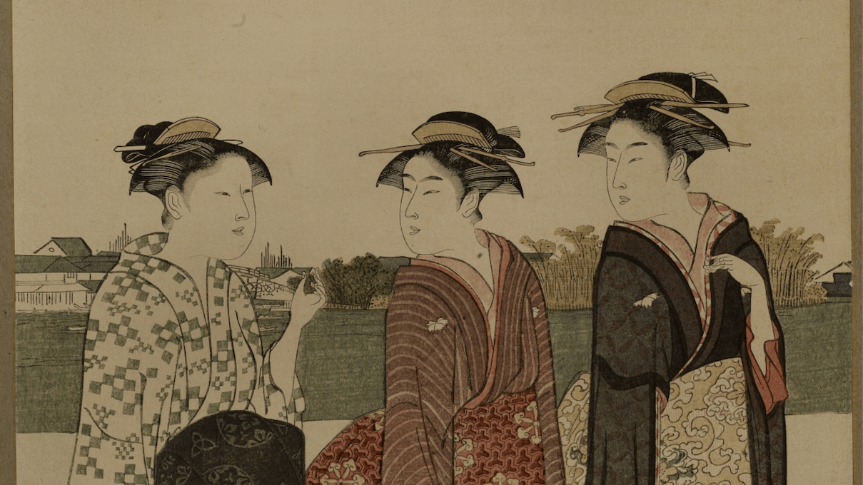 Torii Kiyonaga, Reproduction: Actor and Two Women Walking by a River, 1725-1815. Gift of Helen R. Cleland, 1964