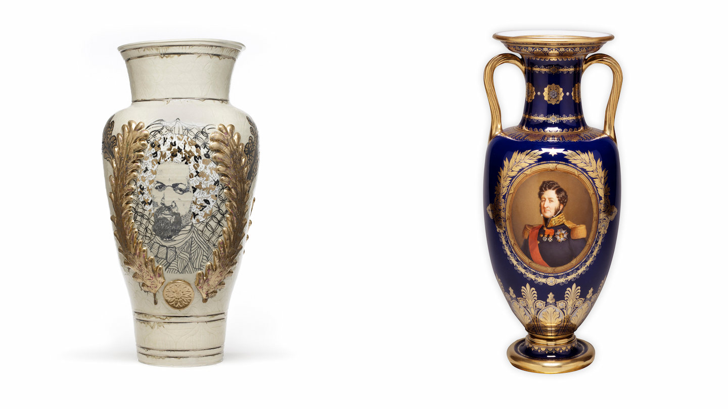 Left: Roberto Lugo, Frederick Douglass Food Stamp Jar, 2018. Museum purchase with funds provided by Constance R. Caplan, 2018. Right: Nicolas-Marie Moriot Sèvres Porcelain Manufactory, One of a Pair of Vases, 1844. Acquired by Henry Walters.