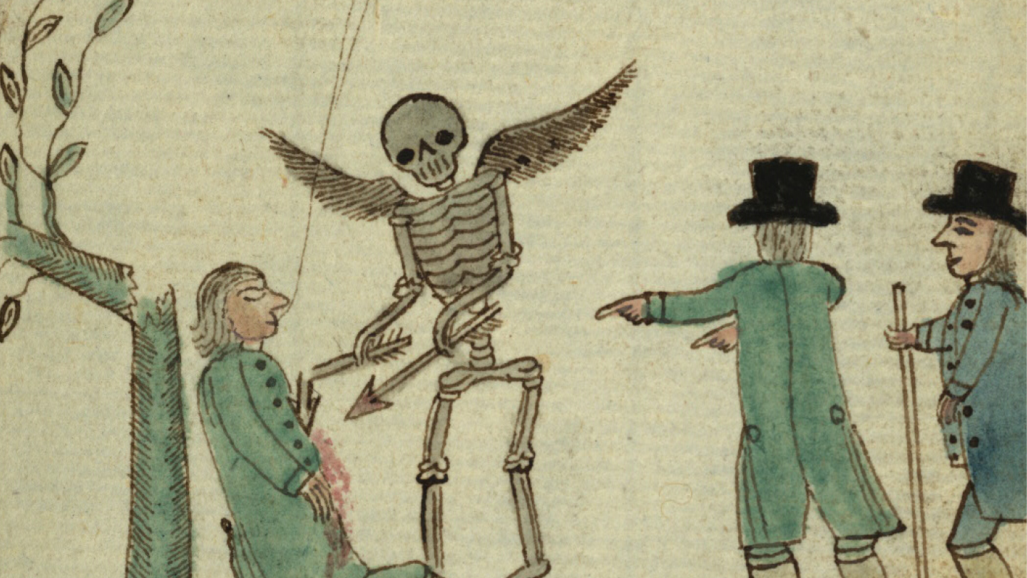 Mors (detail), An Illustrated Manuscript Confessory for the Use of a Deaf Youth, Netherlandish, ca. 1819. Museum purchase, 2023.