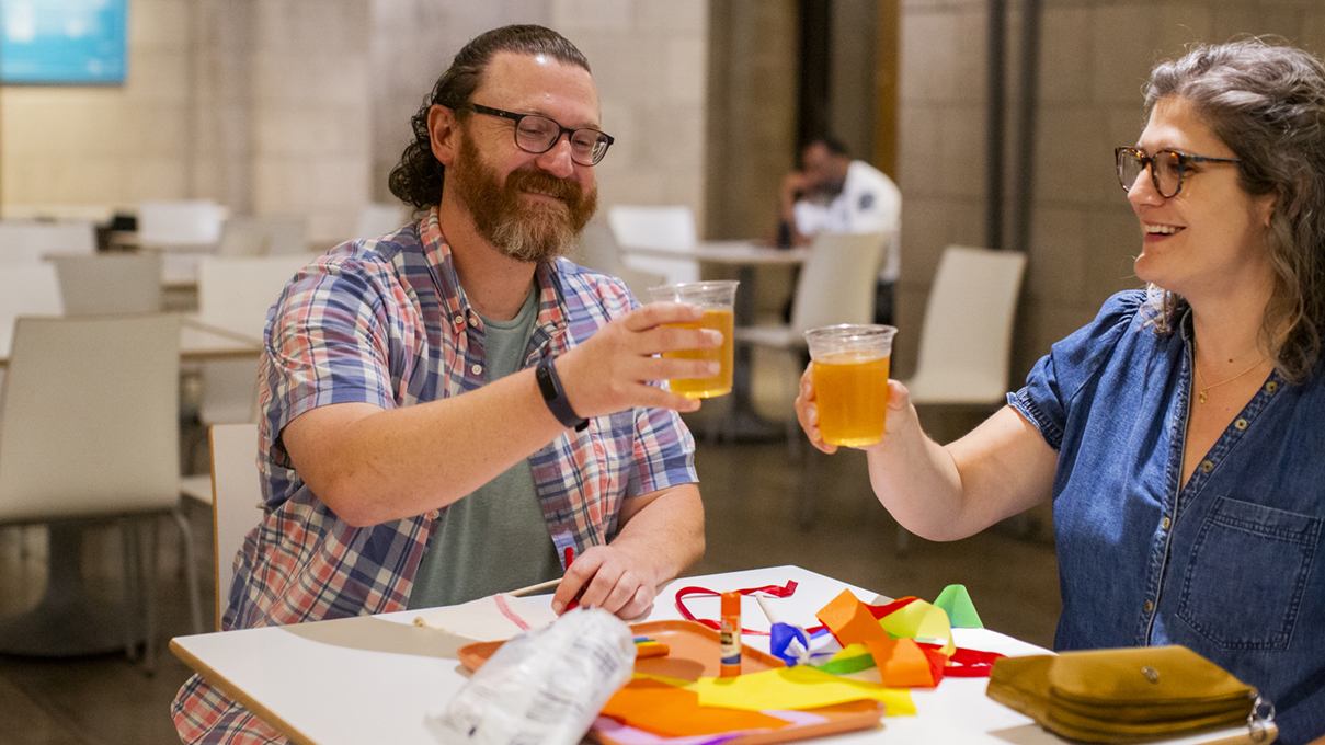 Museum visitors make art together