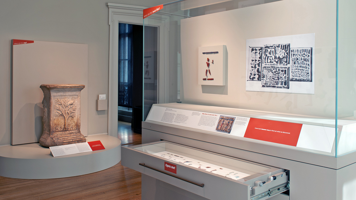 cases of artwork installed in the Objects of Curiosity exhibition