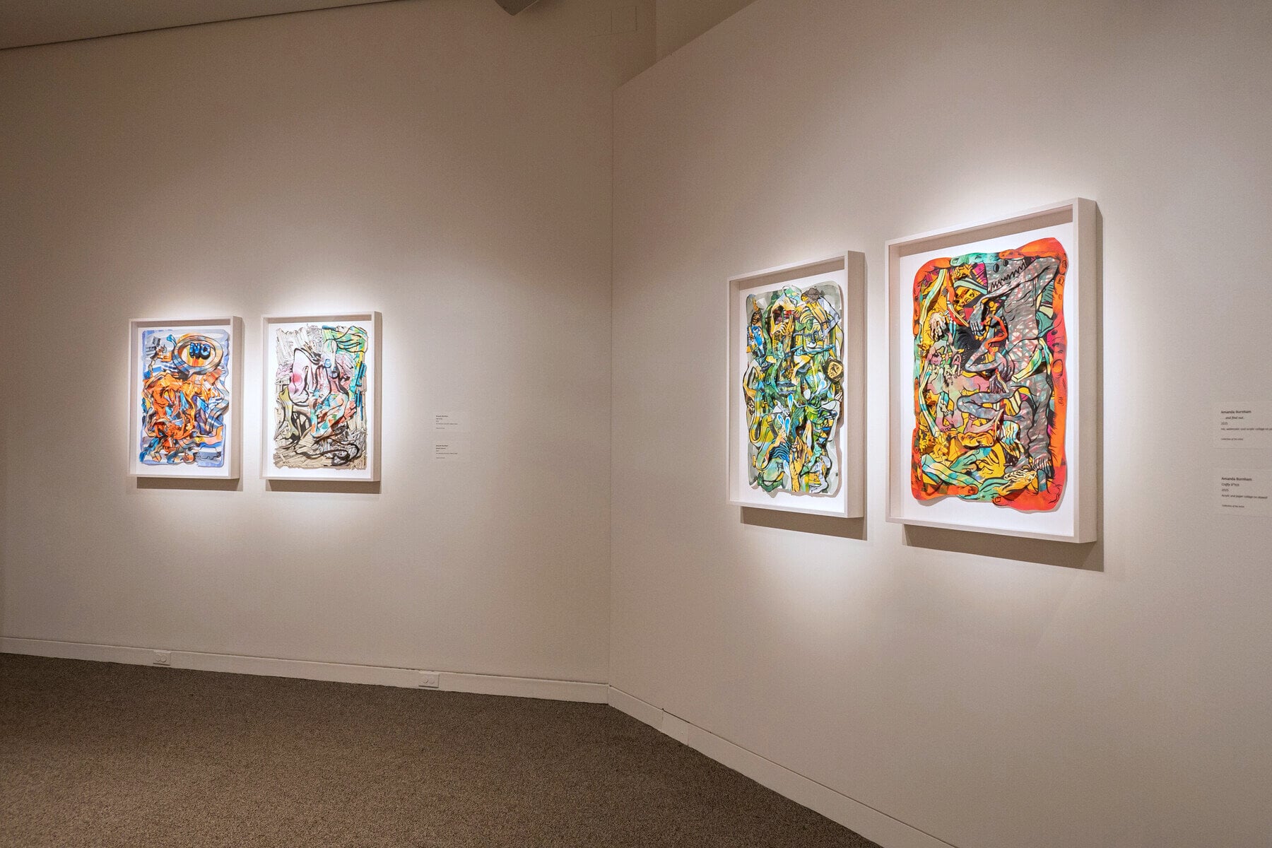 View of gallery with multiple pieces of artwork by Amanda Leigh Burnham