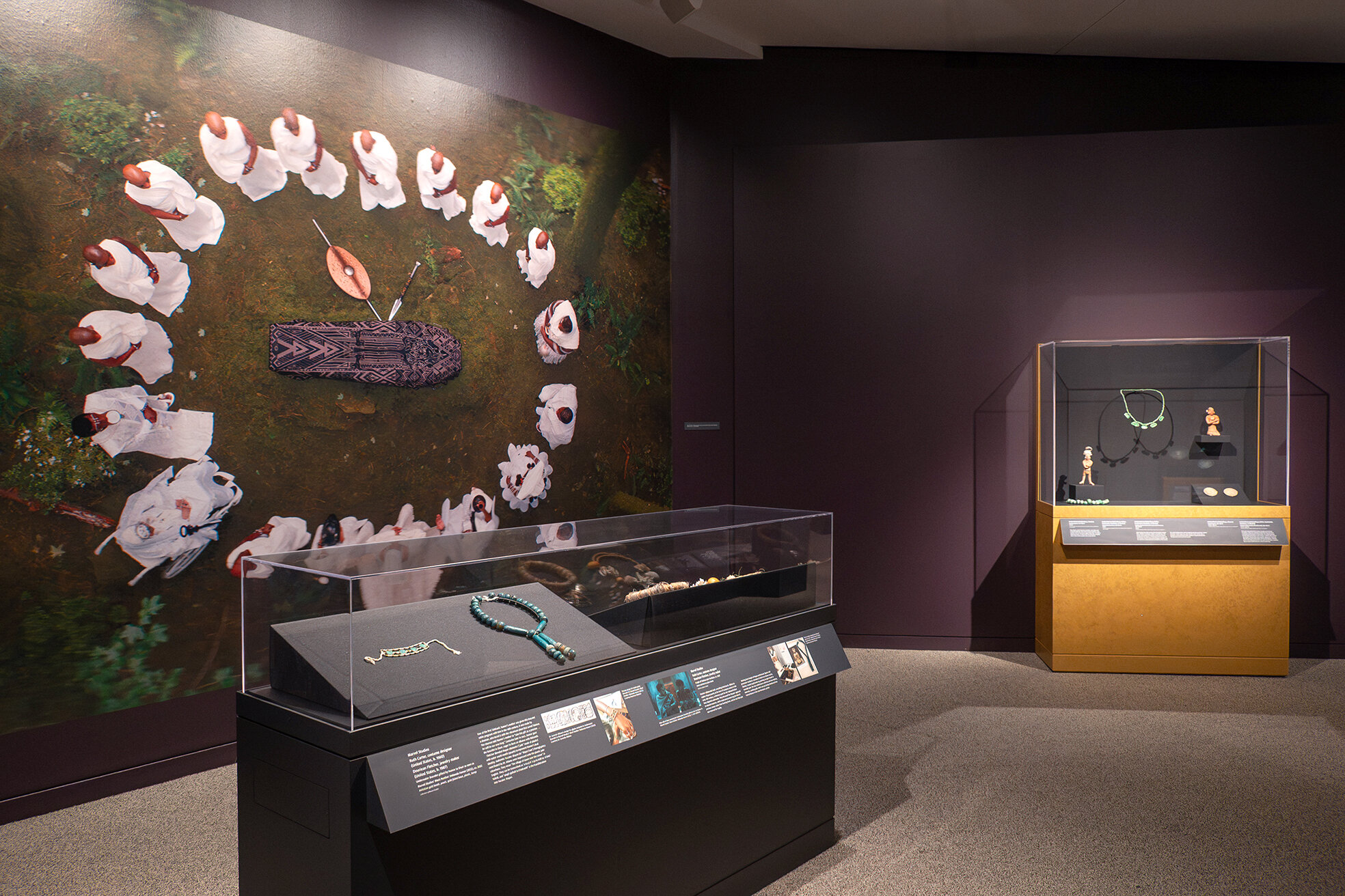Cases displaying objects and a large wall graphic in the exhibition Douriean Fletcher: Jewelry of the Afrofuture