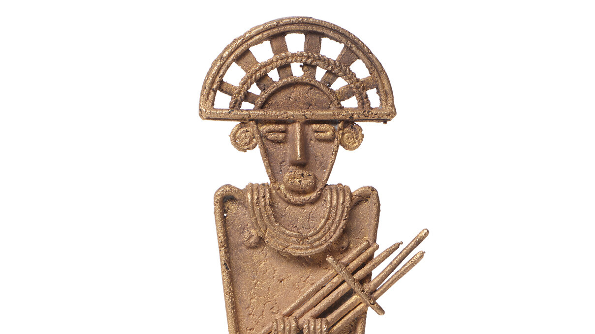 Clay Figure of Standing Man with a Bundle of Darts;"Tunjo" of a Standing Man with a Miniature Raft