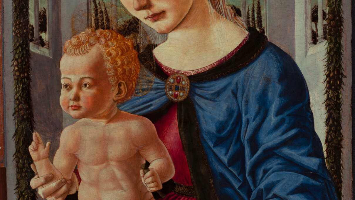 detail of a painting showing a lumpy renaissance baby with oblong proportions