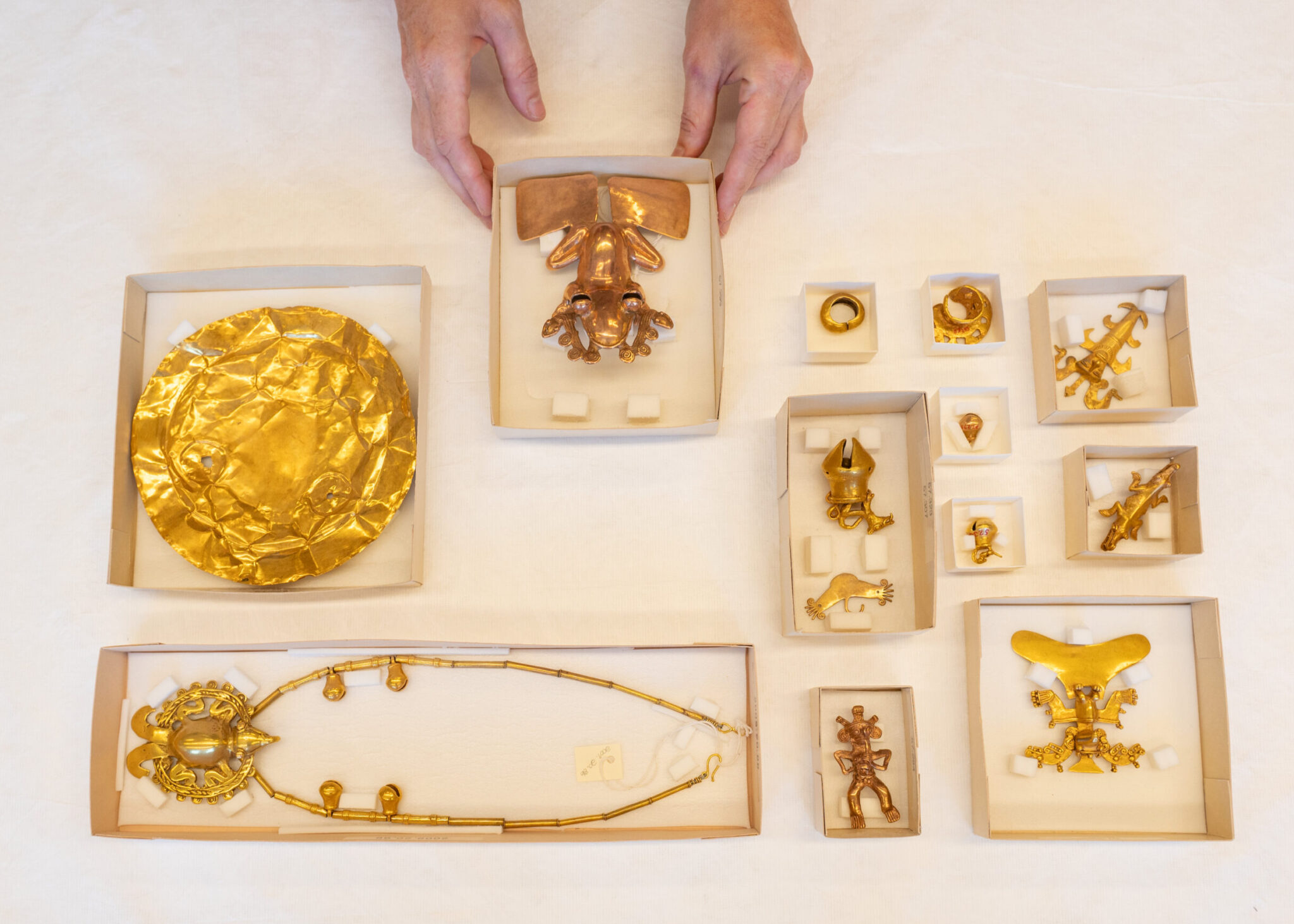 An array of golden objects in the conservation lab
