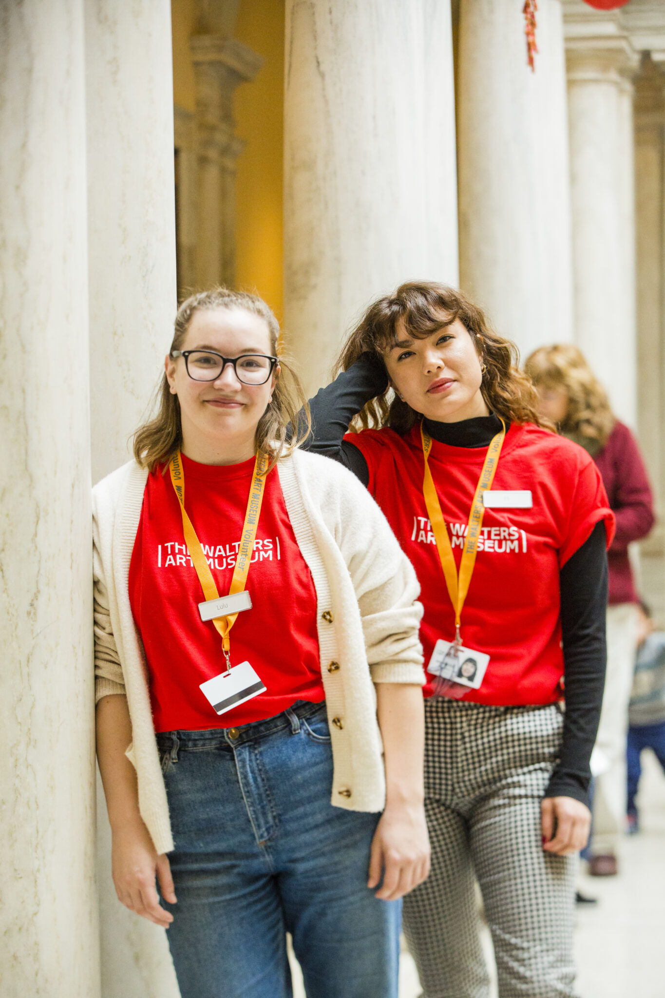 Two volunteers in the sculpture court