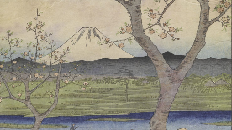 Artist: Ando Hiroshige; Publisher: Tsutaya Kichizo, Fuji sanjurokkei (Series);Thirty-six Views of Fuji (Series Title Translation);Mt. Fuji Seen Through Cherry Trees, 1858. Gift of Justine Lewis Keidel, 1986